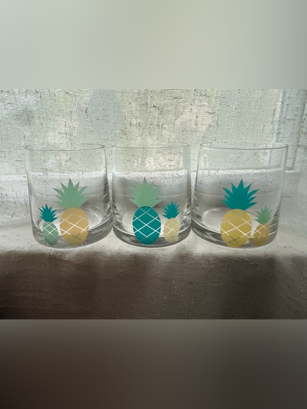 Set of 3 Pineapple Print Clear Glass Tumblers - Yellow & Teal